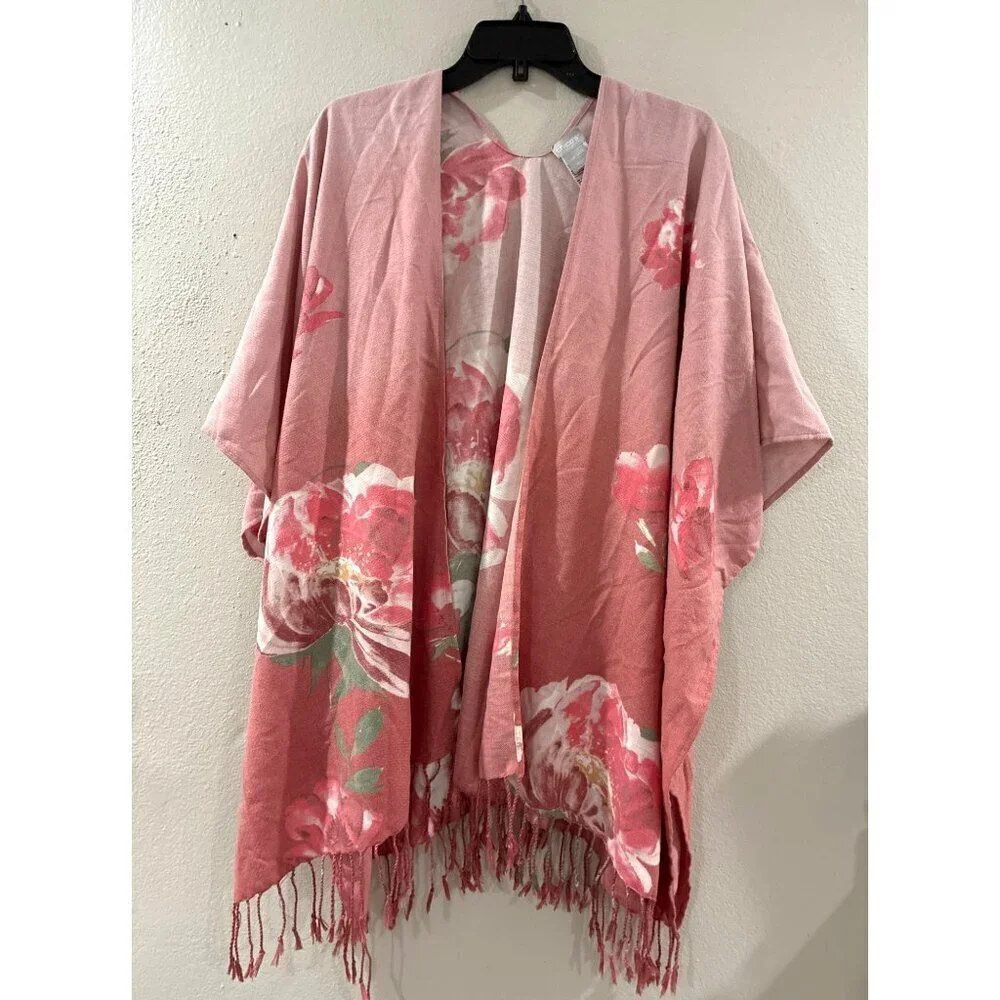 Chico’s Womens Pink Floral Fringe Cape Poncho Kimono One Size